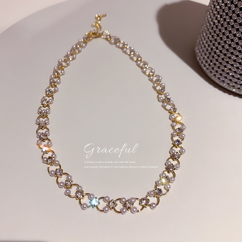 YEEZII Korean Sweet Pearl Choker Necklace Gold Hollow Chain Necklace for Women Accessories Jewelry Gift