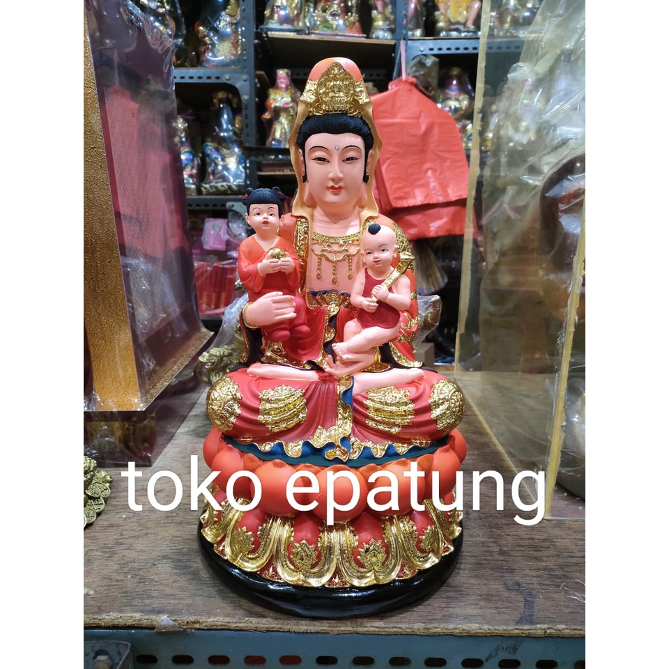 patung dewi kwan im / guan yin / kwan in anak 16 inch - fiber - 2 anak