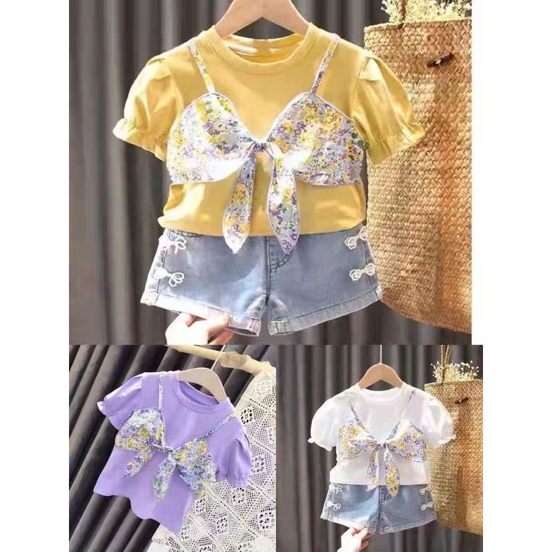 Baju anak import setelan anak perempuan celana jeans hotpants kamisol