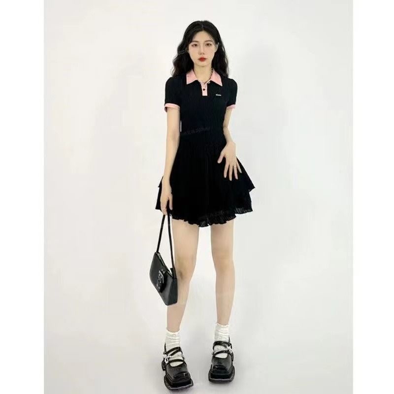 Hot girl dress perempuan polo kerah musim panas desain niche rasa pinggang ramping gaya Korea rok pe