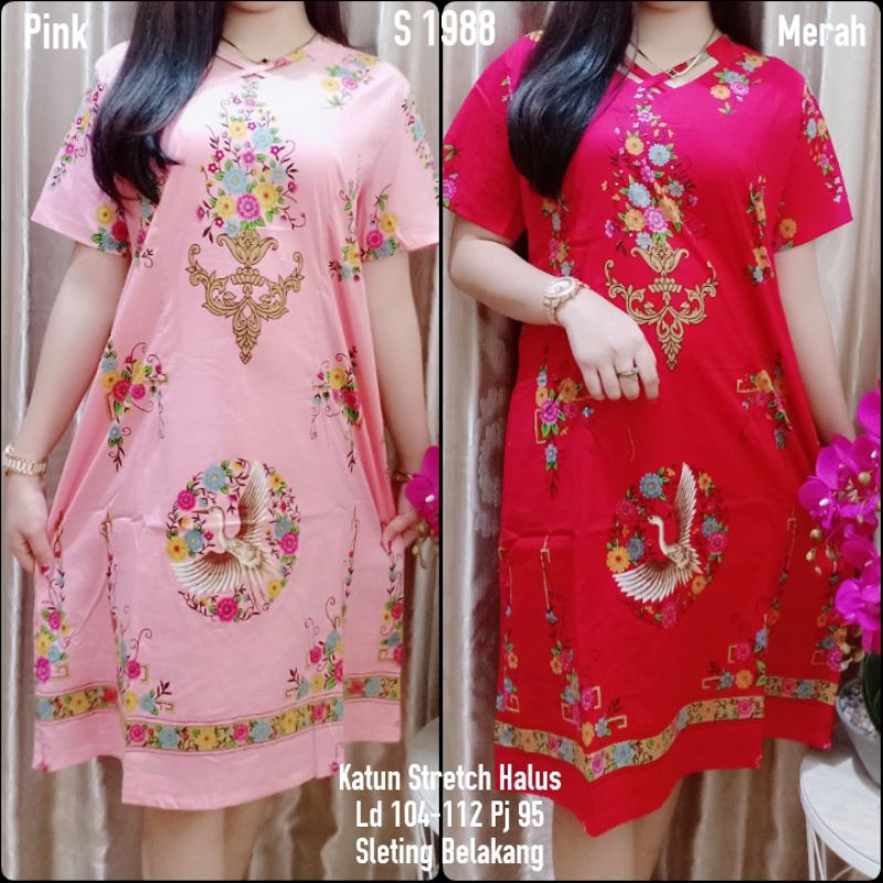 S 1988 #Dress Batik Imlek Jumbo Motif Burung Bunga Baju Imlek