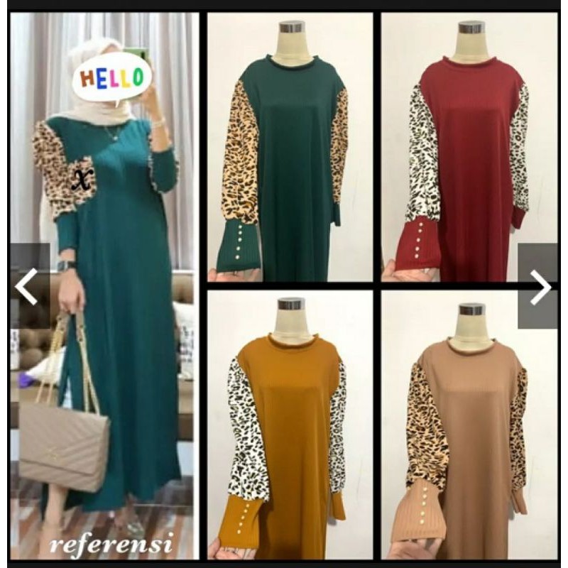dress leopard maxy leopard dress lengan balon leopard puff jumbo xxl lengan mutiara