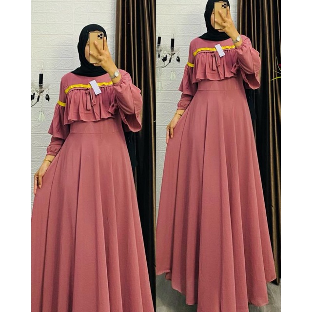 Baju Gamis Premium Ceruty Babydoll Full Furing Motif Polos Renda List Dada Model Terbaru Kekinian