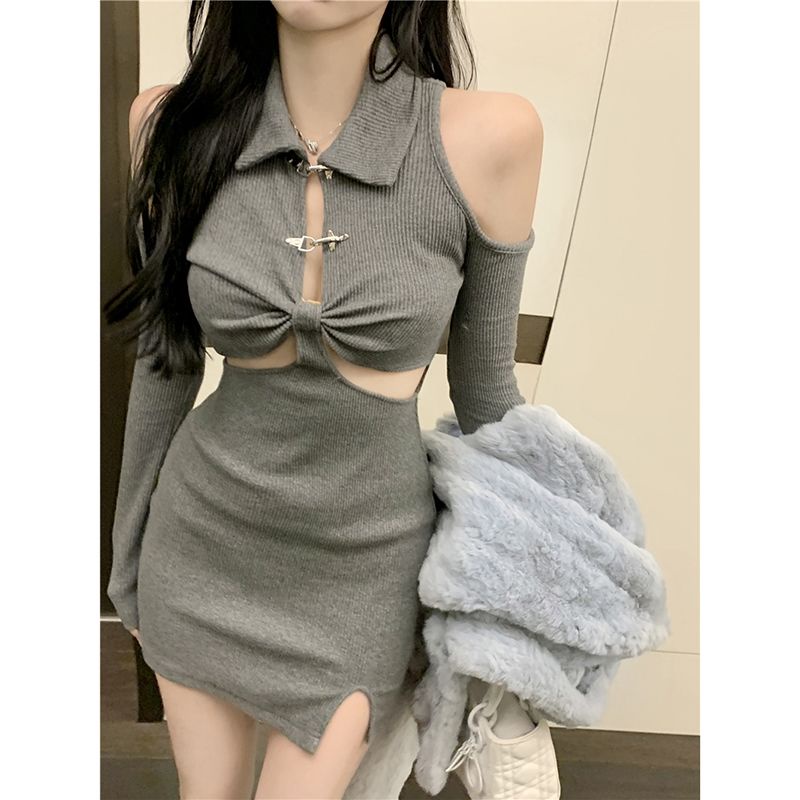 import wind POLO collar halter dress off-the-shoulder bag hip skirt bottoming knitted dress women