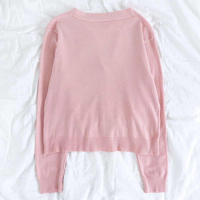 Super pink dan girly retro V-neck kancing tipis bagian tipis dan bagian tipis kardigan rajutan yang cocok untuk semua