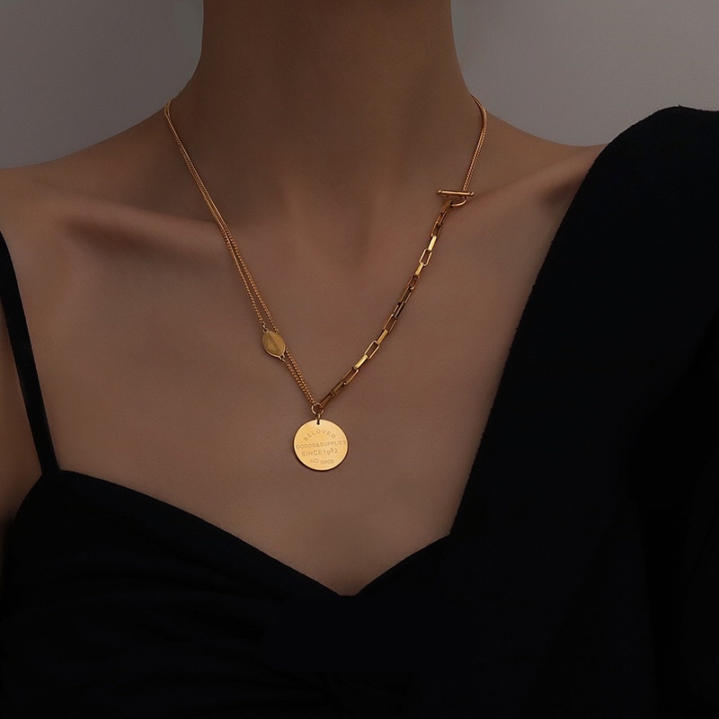 Kalung Titanium Koin Rantai Kombinasi Gold 18K Mirip Emas Asli Vintage Korea Fashion Style