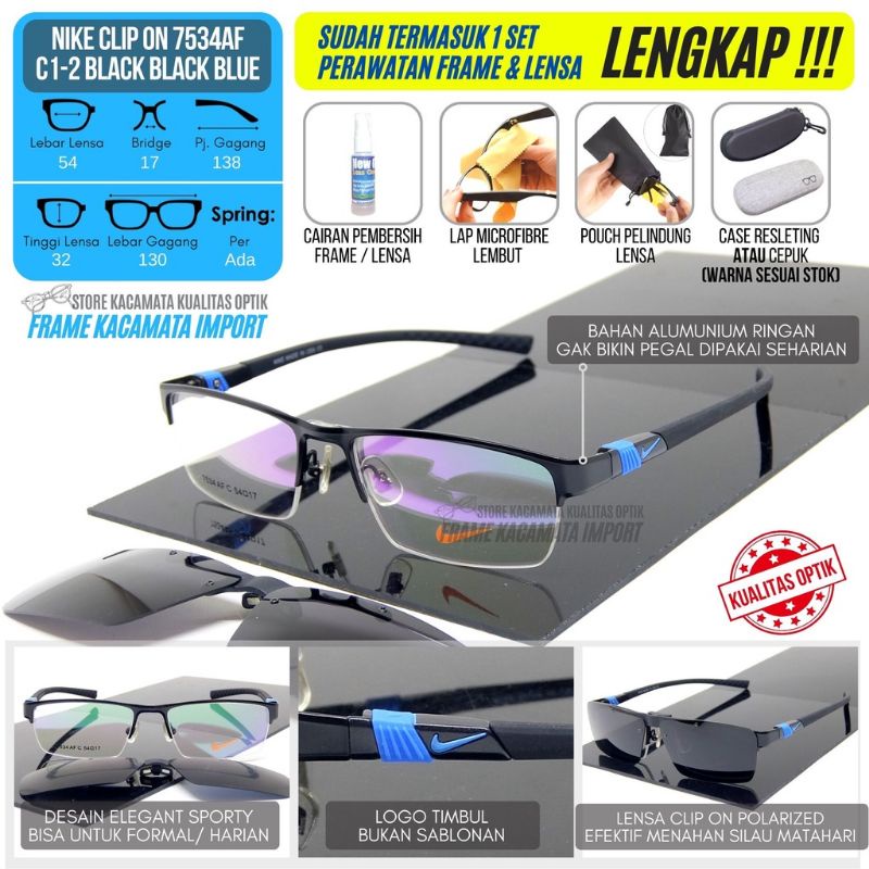 FRAME Kacamata NIKE (Clip On) - Lensa Bisa Minus & Progresif - Sesuai Ukuran Resep