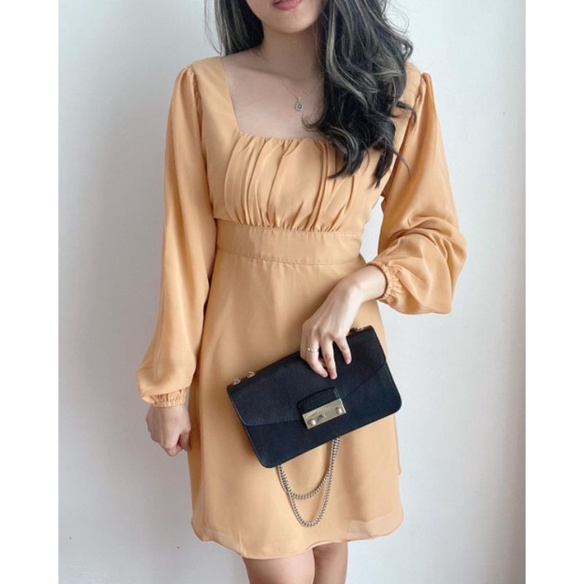 Dress chifon sifon furing elegan mini korean style import premium bangkok bkk leher kotak dada peplu