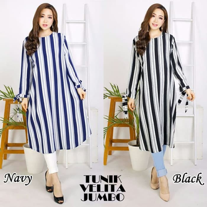 Tunik Jumbo Velita Baju Atasan Wanita Muslim Lengan Panjang Salur