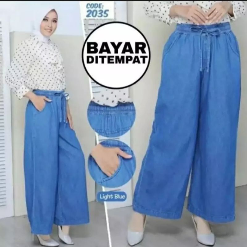 CELANA KULOT JEANS WANITA TALI PINGGANG