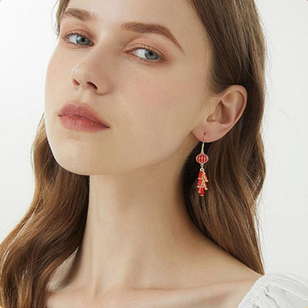 Augustina Anting Gantung Panjang Kait Motif Lentera Merah Bahan Alloy Untuk Perhiasan Wanita