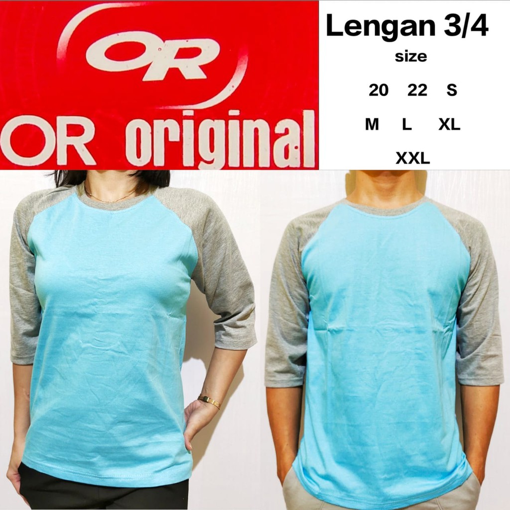 kaos polos raglan  biru langit lengan abu misty 3/4 20 22 S M L XL XXL