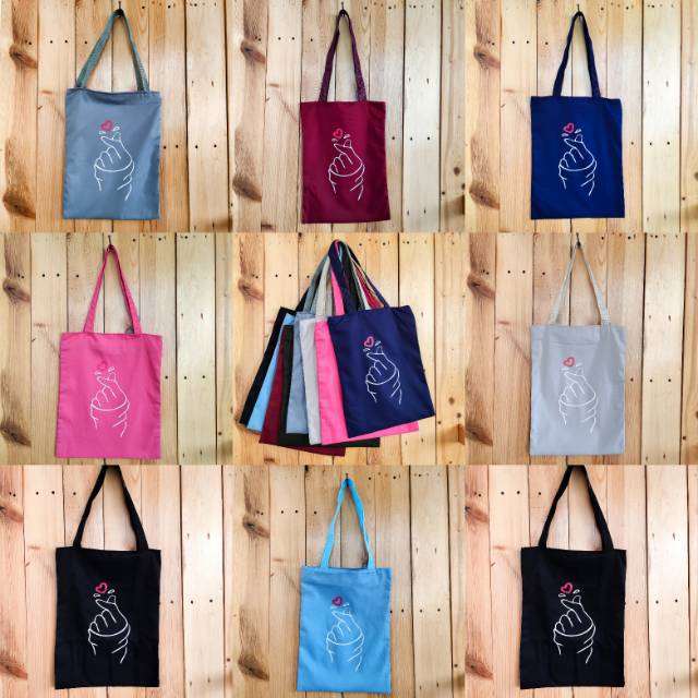 Tote bag TANGAN LOVE kpop / k-pop / korea 8 warna pilihan ada resleting bahan drill halus [remium