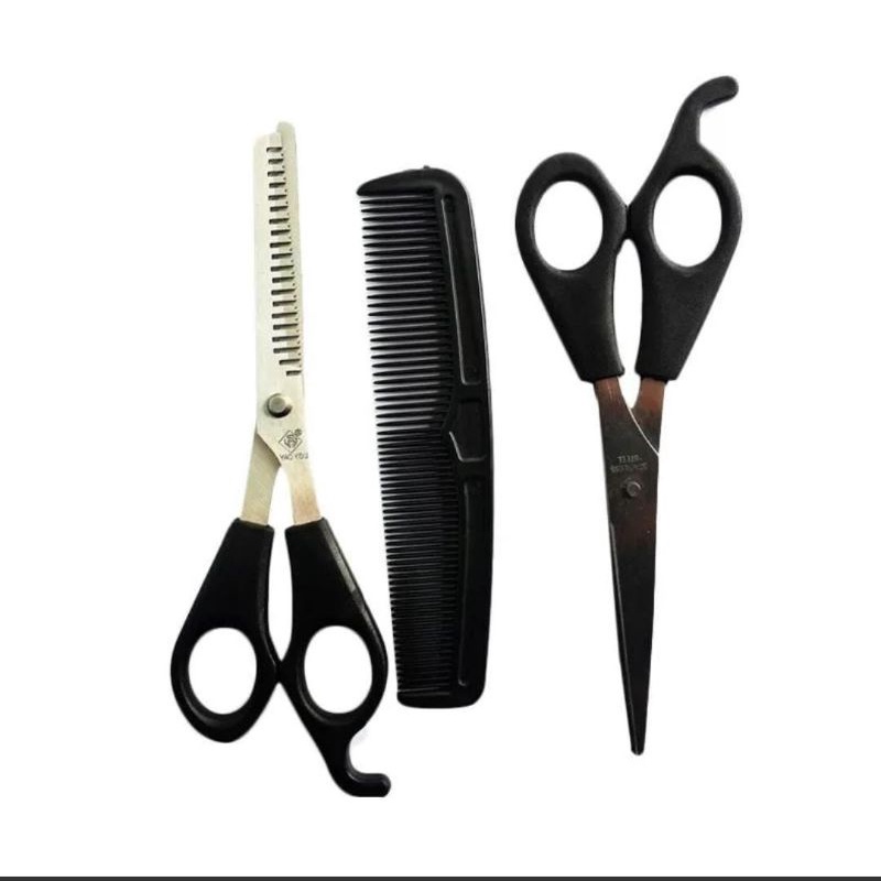 Gunting Potong Rambut Set 3 Pcs Biru Gunting Sisir Dan Gunting Sasak Cheryl / Zigzag Shaggy / Combi + Scissors