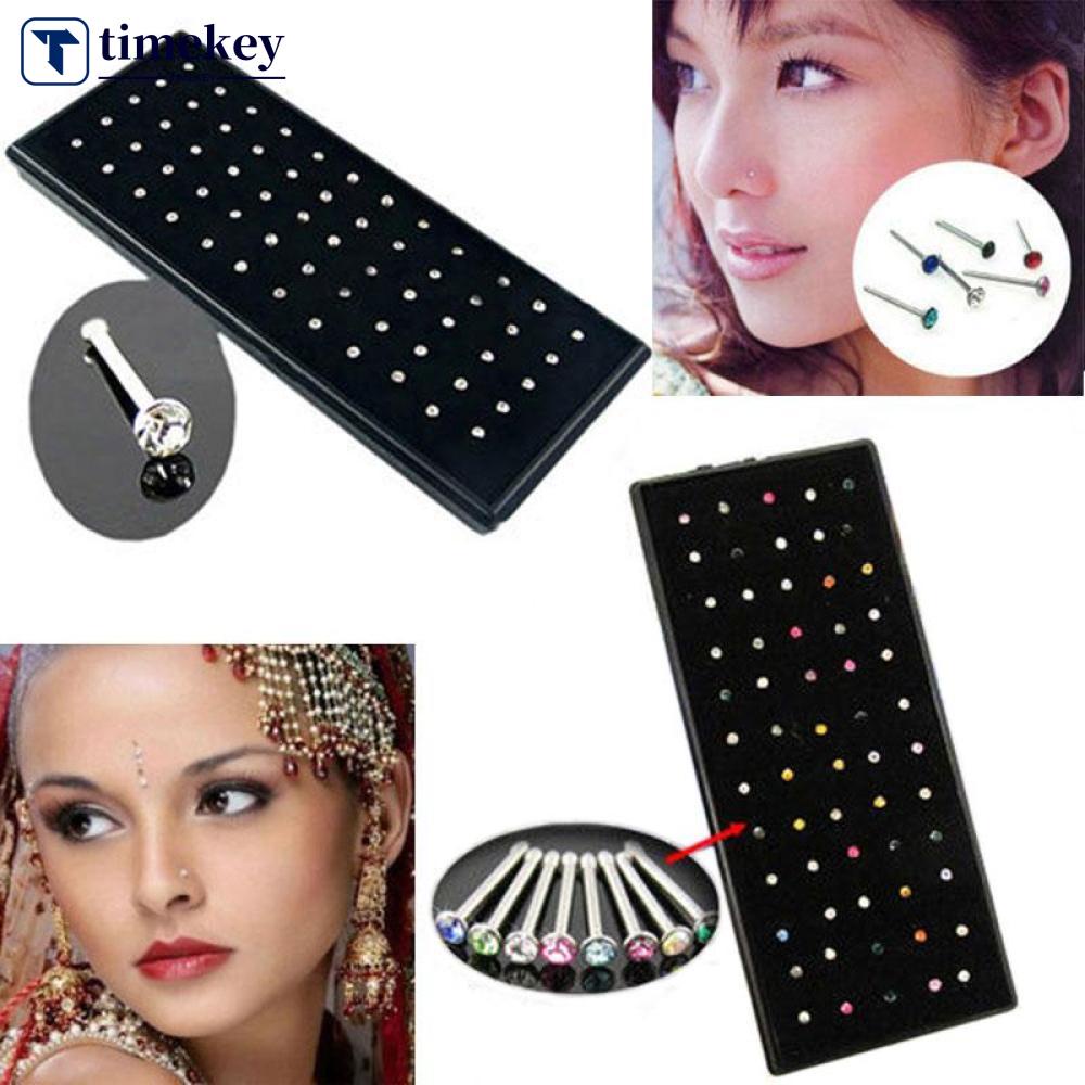 Timekey 60pcs Anting Tindik Hidung Bahan Surgical Steel Hias Kristalberlian Imitasi H4Z3