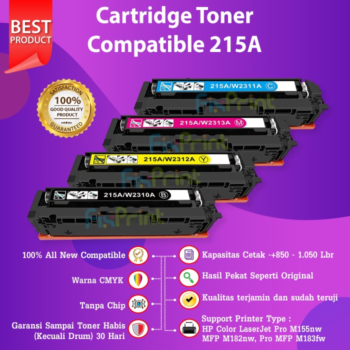 Cartridge Toner Compatible HP 215A Black Cyan Magenta Yellow W2310A Printer M155nw M182nw Tanpa Chip