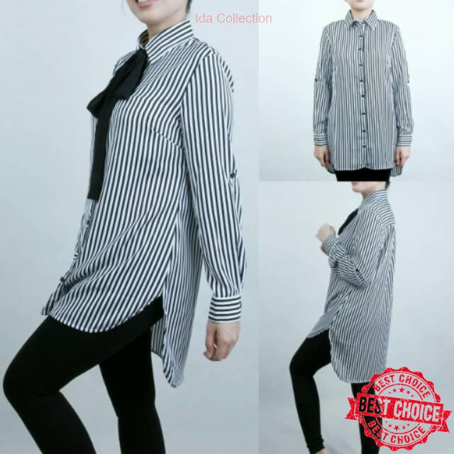 STOK TERBARU|PECINTA FASHION MASUK [SALE] KEMEJA HI-LO STRIPE BLACK/BLOUSE/KEMEJA WANITA/BLOUSE