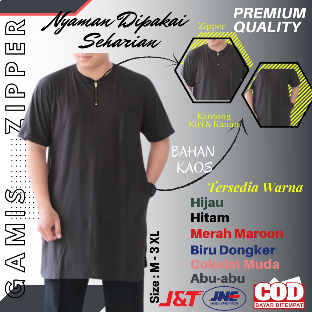 Jual Baju Gamis Koko Kaos AHAD Zipper Kurta Lengan Pendek Pria Laki Laki Dewasa Abu Tua Harga Terbai