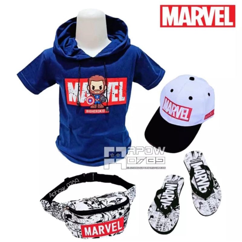 BISA COD !! Paket kumplit 4in1 kaos Hoodie anak marvel / tas waistbag/ Topi Bordir dan sandal sz 30 - 35