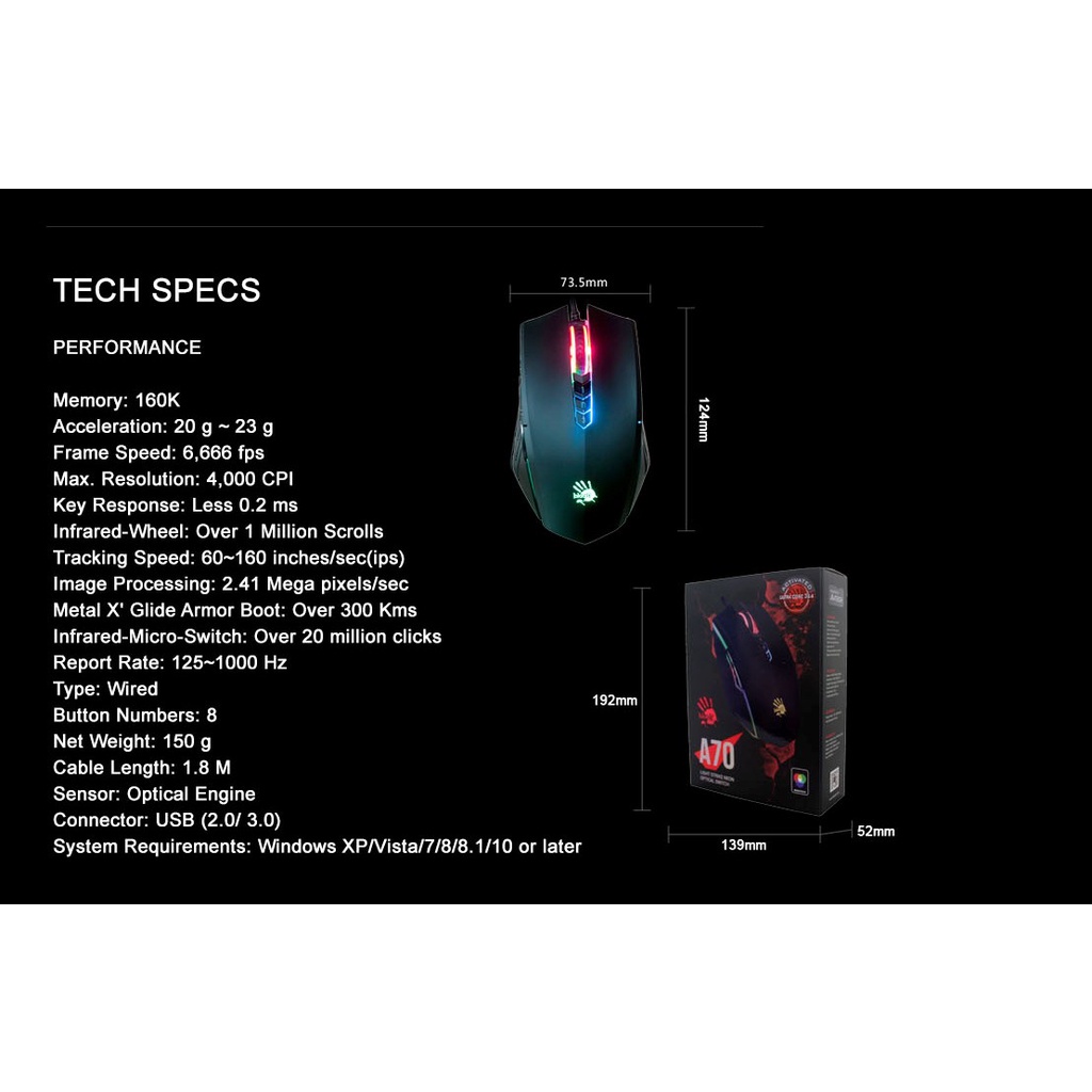 [TUNAS JAYA] BLOODY A70 LIGHT STRIKE GAMING MOUSE (Drag click mouse) Activated Ultra Core 4 (Matte