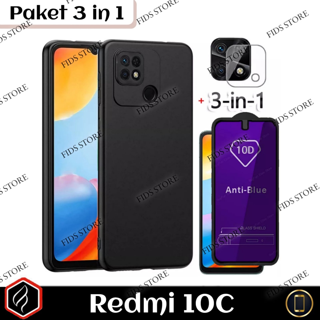 [PAKET HEMAT 3 in 1] Xiaomi Redmi 10C Case BlackMatte + Anti Gores Layar Full Cover Free Tempered Glass Camera / Skin Carbon | Case Premium Black Protection Camera Redmi 10c Tempered glass