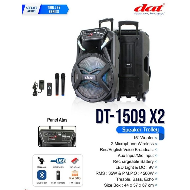 Speaker bluetooth 15 inch DAT DT - 1509X2 Bluetooth Portable Gratis 2 Microphone Bluetooh Speaker Extra Super Power Bass