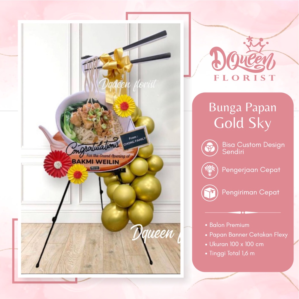 Papan Bunga Gold Sky Ucapan Selamat Hadiah Happy Birthday Wedding Lamaran Anniversary Ulang Tahun Peresmian Grand Opening Natal Karangan Balon Kembang Asli Plastik 100% Cantik Keren