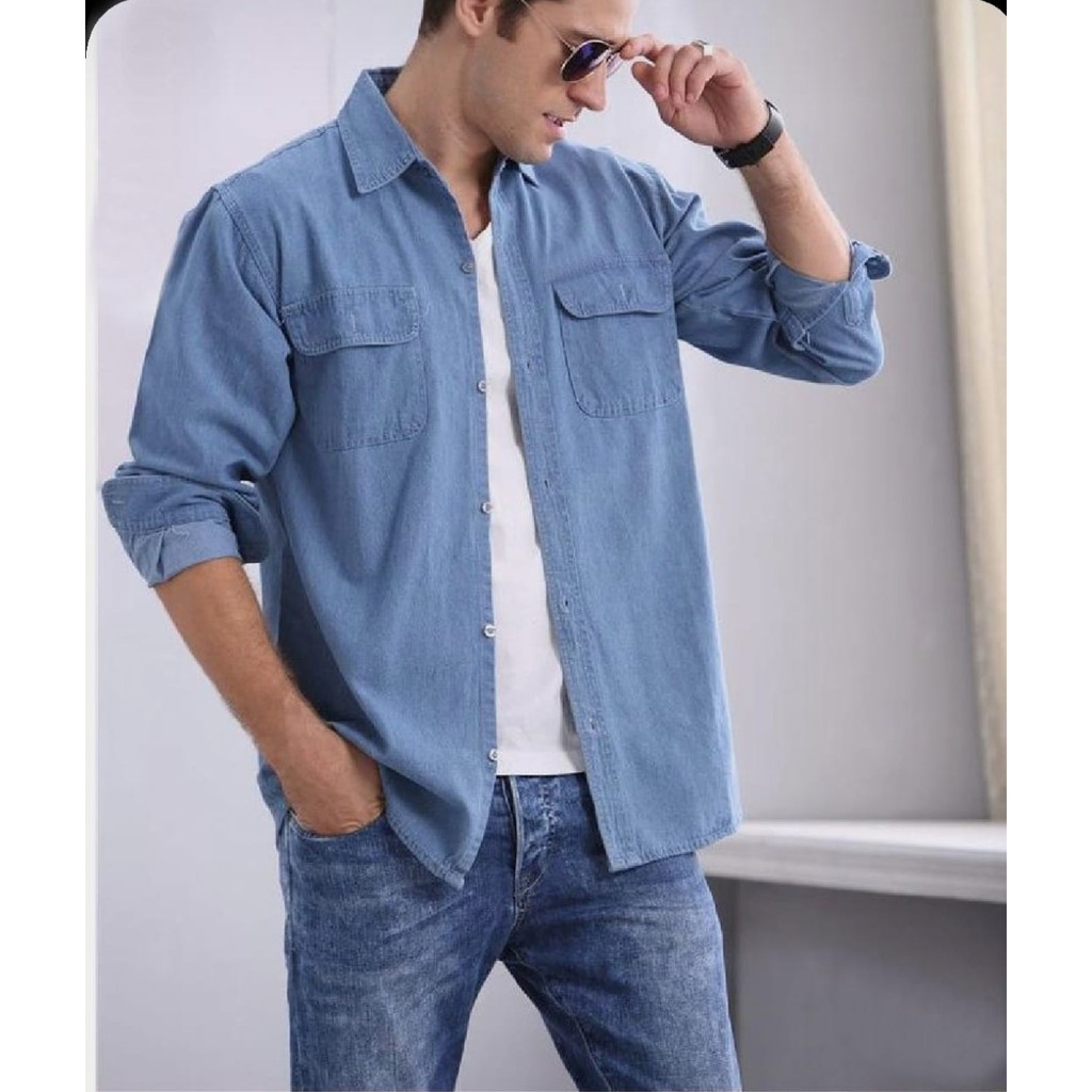 KEMEJA DENIM COWOK ATASAN PRIA KASUAL WARNA LIGHT BLUE BAHAN DENIM TEBAL DINGIN IMPORT MURAH