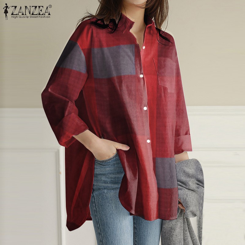 ZANZEA Women Casual Long Sleeve Collared Plaid Buttons Blouse