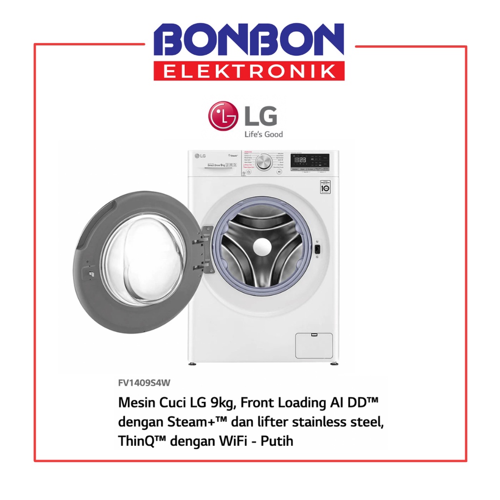 LG Mesin Cuci Front Loading 9KG FV1409S4W Inverter Smart ThinQ Wifi