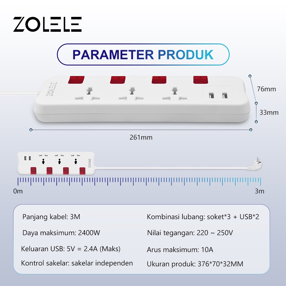 ZOLELE Stop Kontak Kabel Smart Colokan Listrik 3 Lubang Stopkontak 2 USB Port Power Strip 3M Soket Pengaman Lubang Saklar Timer Powerstrip ZK101