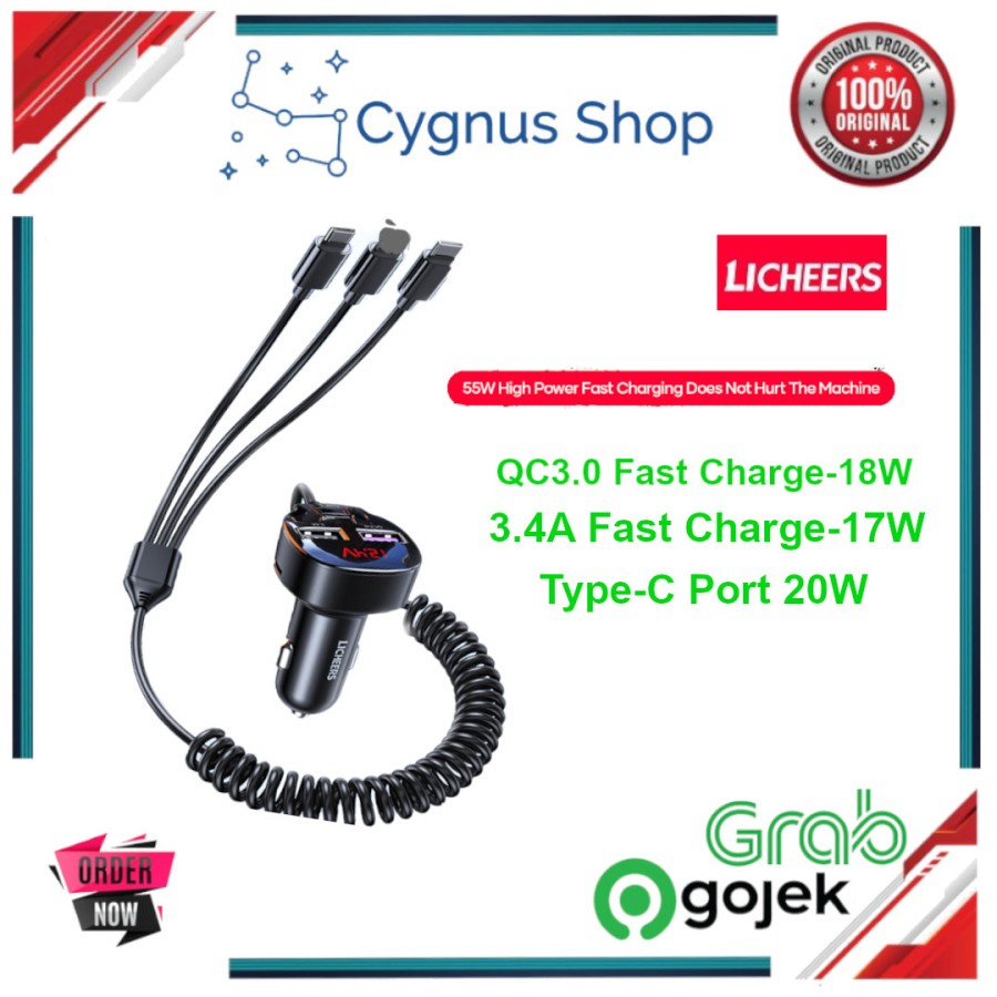 Licheers LC454 USB Car Charger With Spring Cable 3 in 1 Fast Charging