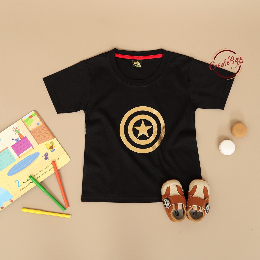 BAJU ATASAN ANAK LAKI CAPTAIN AMERICA GOLD 1-7 TAHUN KAOS ANAK LAKI SUPERHERO MURAH