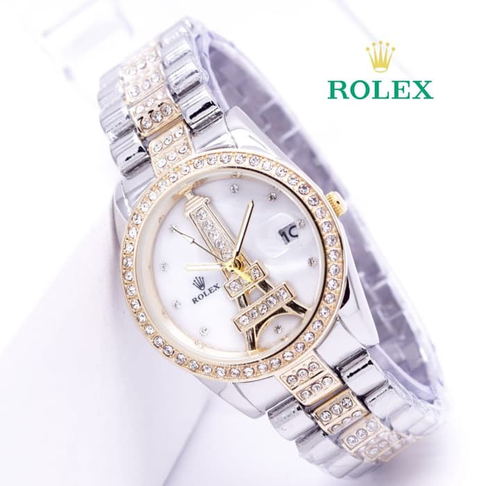 Promo Jam Tangan Wanita Cewek Rolex Paris rantai Kombi Gold White Termurah