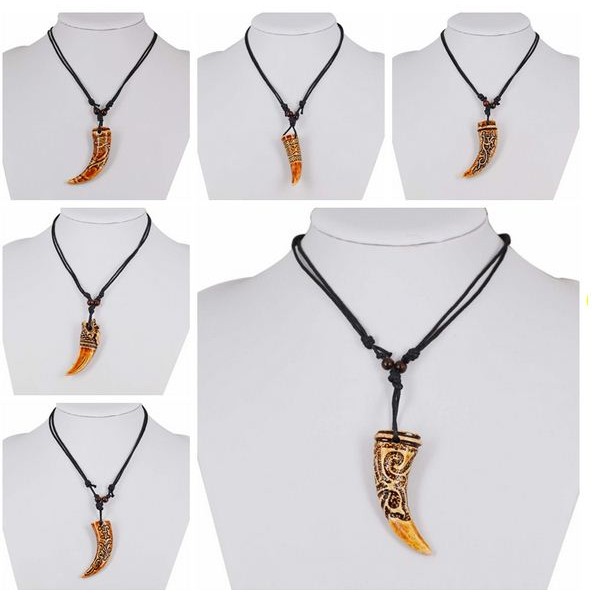 Kalung Cowok Model Taring Kayu. Etnik Vintage. Wolf Tooth Pendant