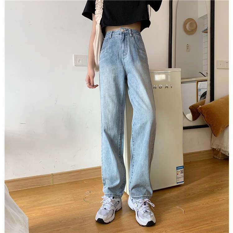 New Korean retro high-waist loose jeans straight-legged wide-legged celana panjang Wanita