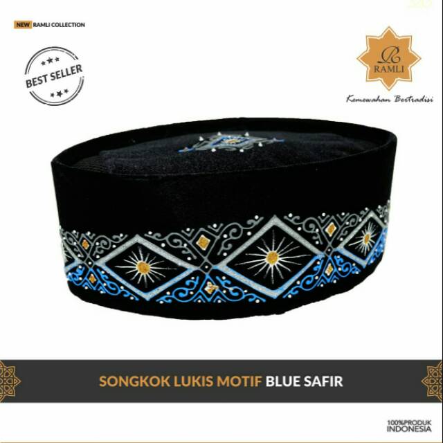 SONGKOK KOPIAH HITAM LUKIS MOTIF BLUE SAFIR