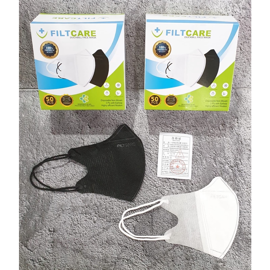 MASKER DUCKBILL EMBOS  FILTCARE HITAM PUTIH 1BOX ISI 50PCS