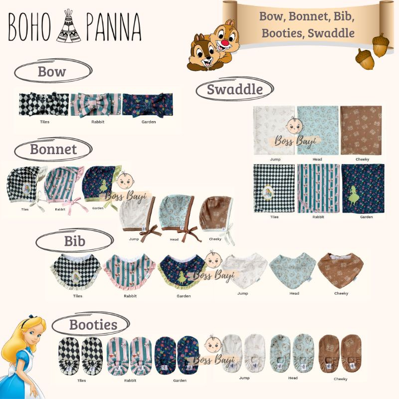 BOHOPANNA - Bow, Bonnet dan Bonnet Ruffle, Bib &amp; Bib Ruffle, Booties, Swaddle motif Disney (Alice dan Chip &amp; Dale) .