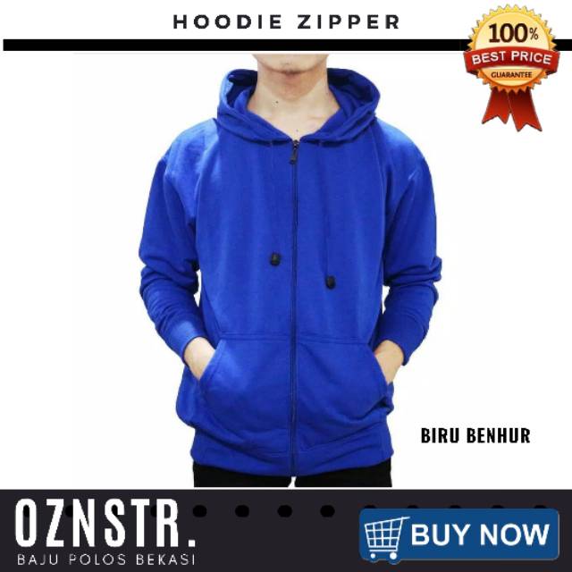 Jaket sweater polos hoodie zipper biru benhur murah