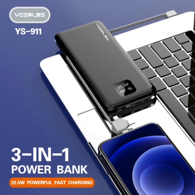 【33LV.ID】POWERBANK 10000MAH YS-911 Fast Charging Murah Mini LCD with Kabel Data lightning Type C Micro USB