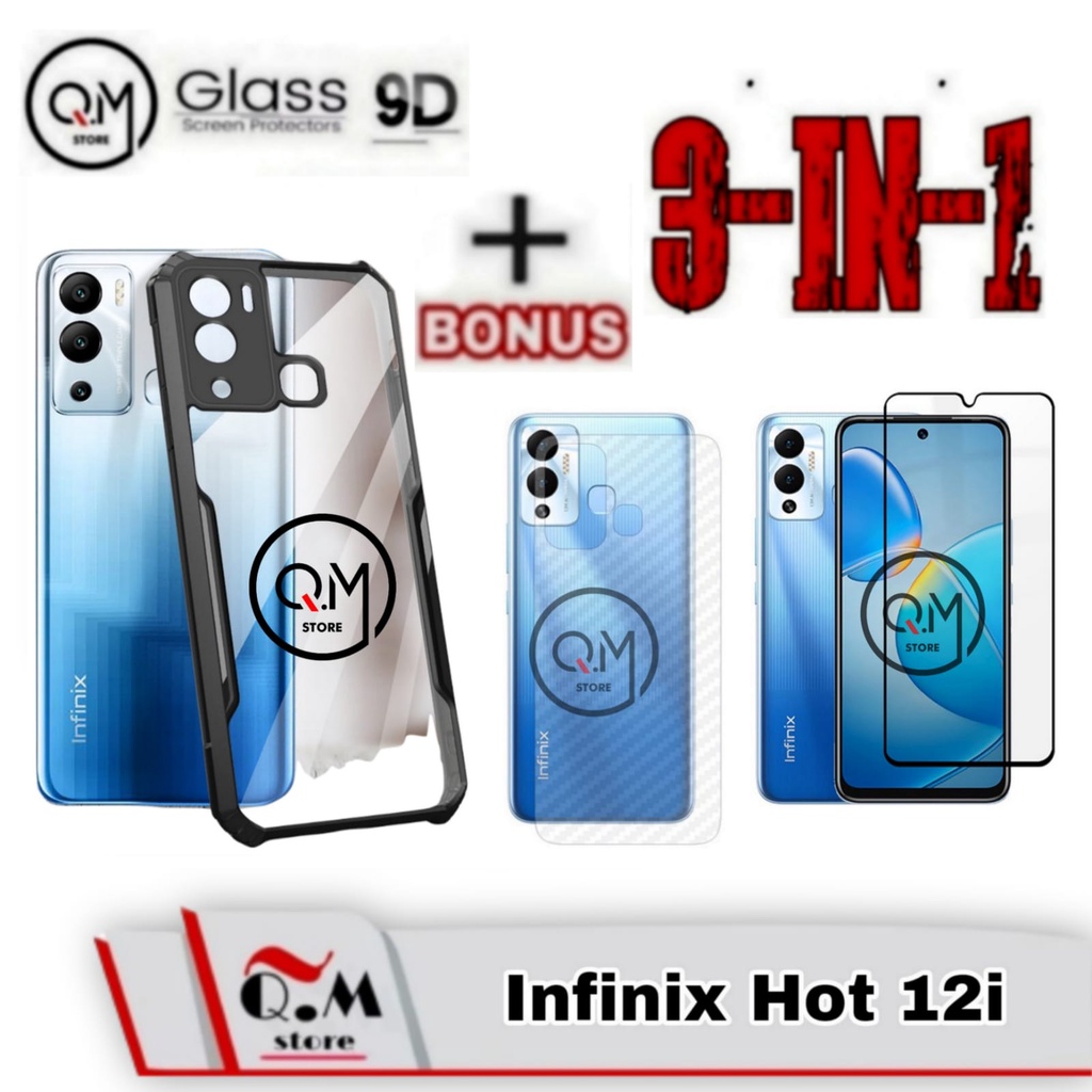 Paket 3 in1 Case Transparan Infinix Hot 12i Softcase Transparan Armor Acrilik Pelindung Back Cover