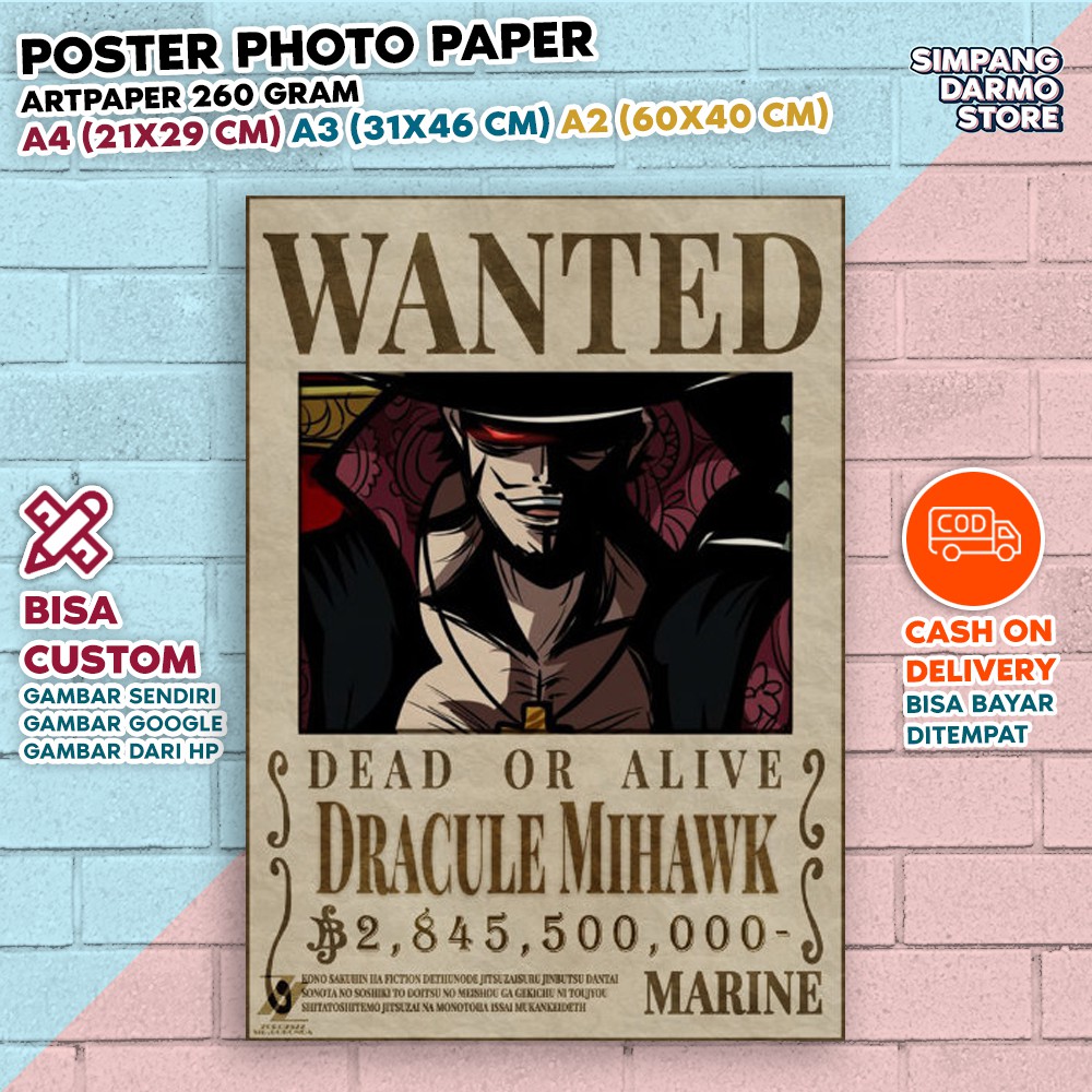 Poster Buronan Dracule Hawk Eyes Mihawk Terbaru Foster Bajak Laut Wanted Hiasan Bounty One Piece