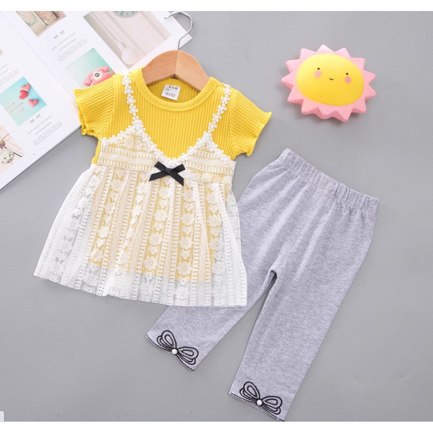 acadia.kids [COD] Setelan Anak Perempuan JAMIE Kaos Lengan Pendek Luaran Renda dan Legging Panjang Import terbaru termurah bestseller bestselling berenda rajut favorit musim panas casual sehari-hari baju anak lucu summer dropshipper dropship reseller-KUNING ABU