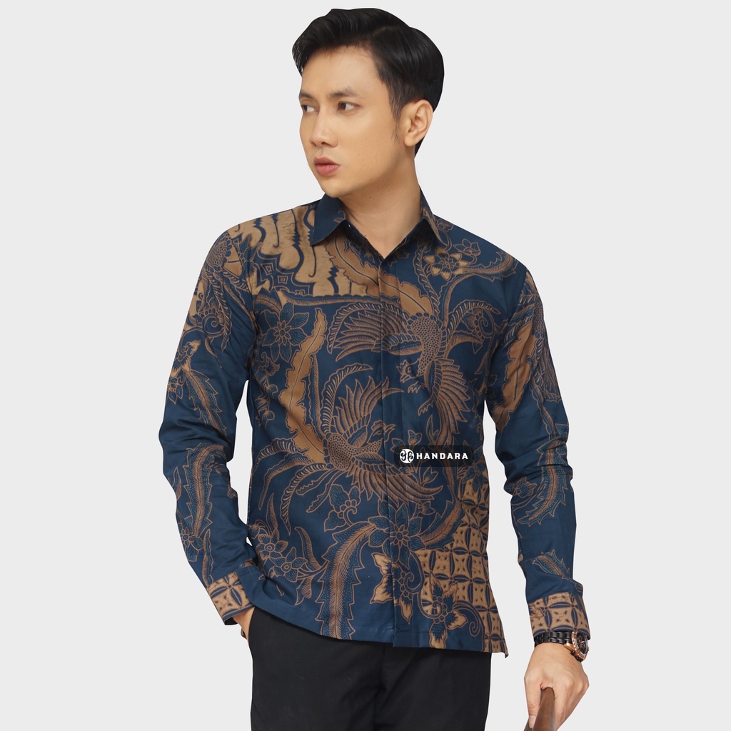 Baju Kemeja Batik Pria Lengan Panjang Slim Fit Premium Modern Full Furing Katun Halus Original Handara Motif Chandrakanta Navy HB-125