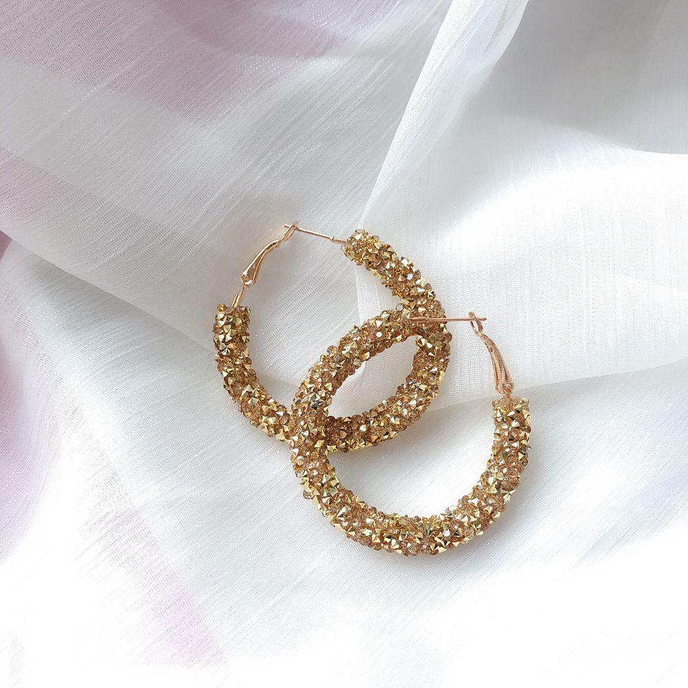 Lily Kristal Anting Hoop Pesona Baru Perhiasan Mengkilap Besar Geometris Bulat
