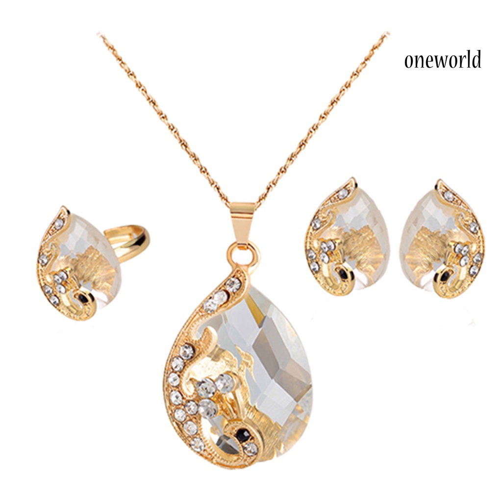 OW@ Jewelry Set Rhinestone Inlaid Temperament Alloy Exquisite Waterdrop Pendants Earrings Ring for Anniversary