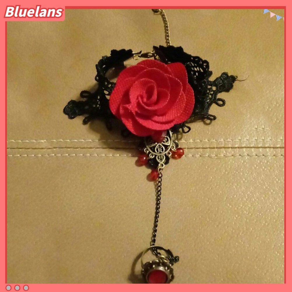 Bluelans Elegant Women Gothic Style Lace Rose Flower Bracelet with Adjustable Finger Ring