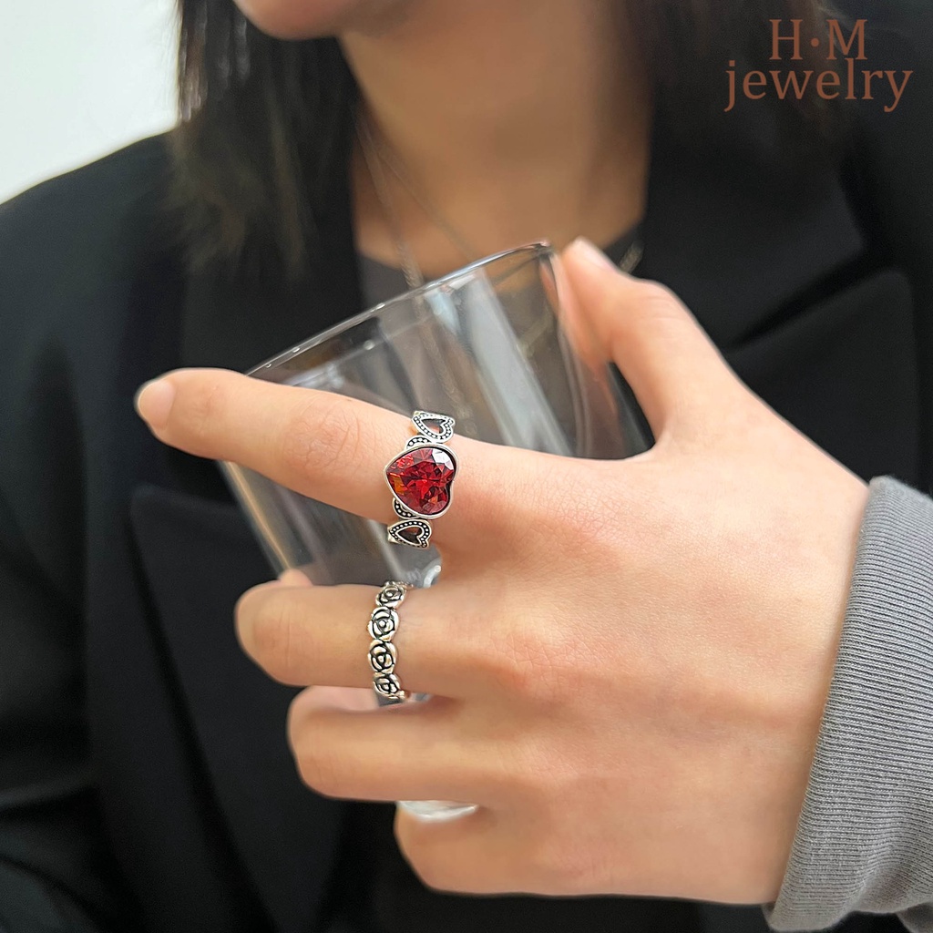 Cincin Model Terbuka Bentuk Hati Warna Merah Darah Merpati Gaya Retro