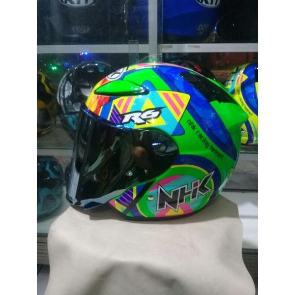 HELM  NHK R6 MOTIF HIJAU PLUO//VISOR FLET IRIDIUM GOLD 100%ORI